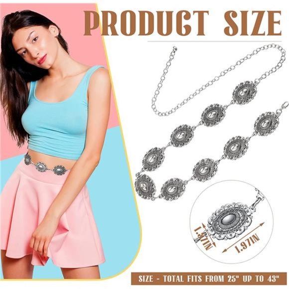 Western Metal Oval Concho Chain Belt Silver Belts Adjustable Belts for Jeans main image 2
